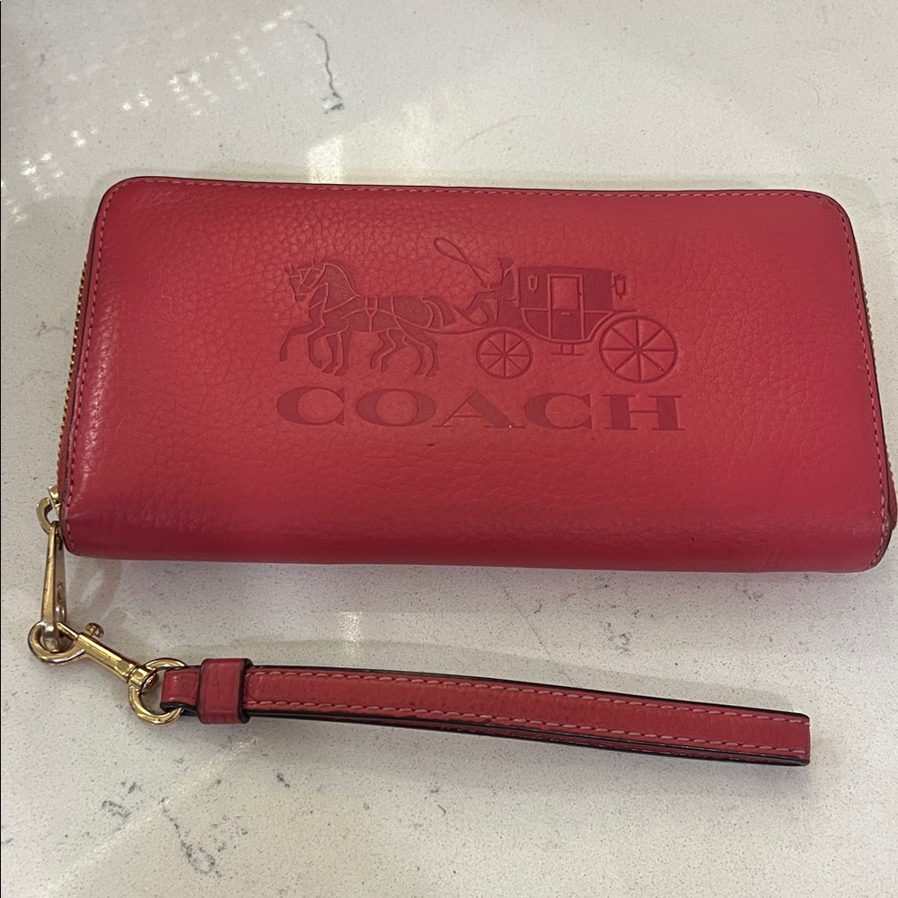 Coach Embossed Leather Zip Wristlet in Red with Gold Hardware